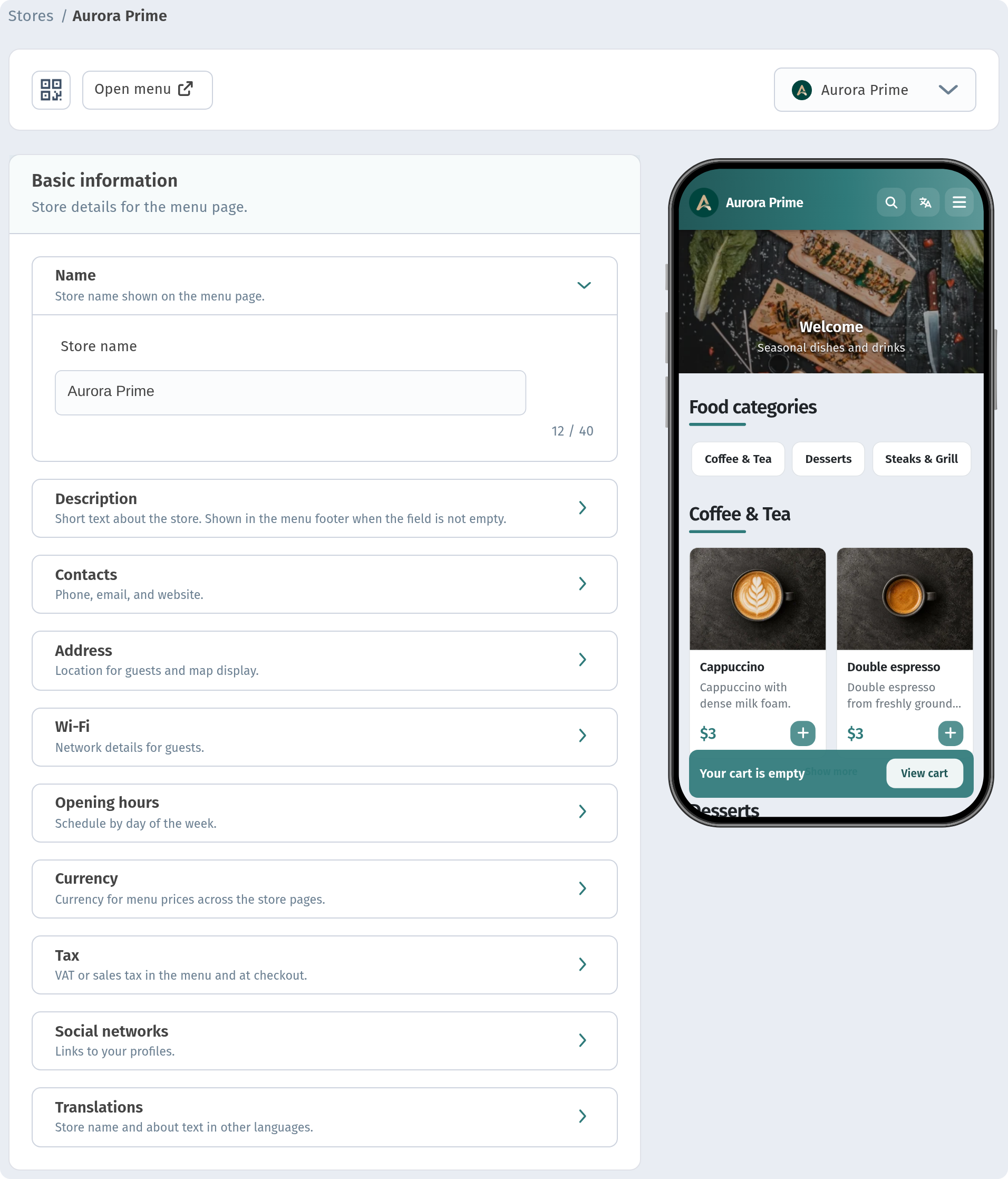 Wi-Fi, opening hours and contacts in your WebQRMenu menu