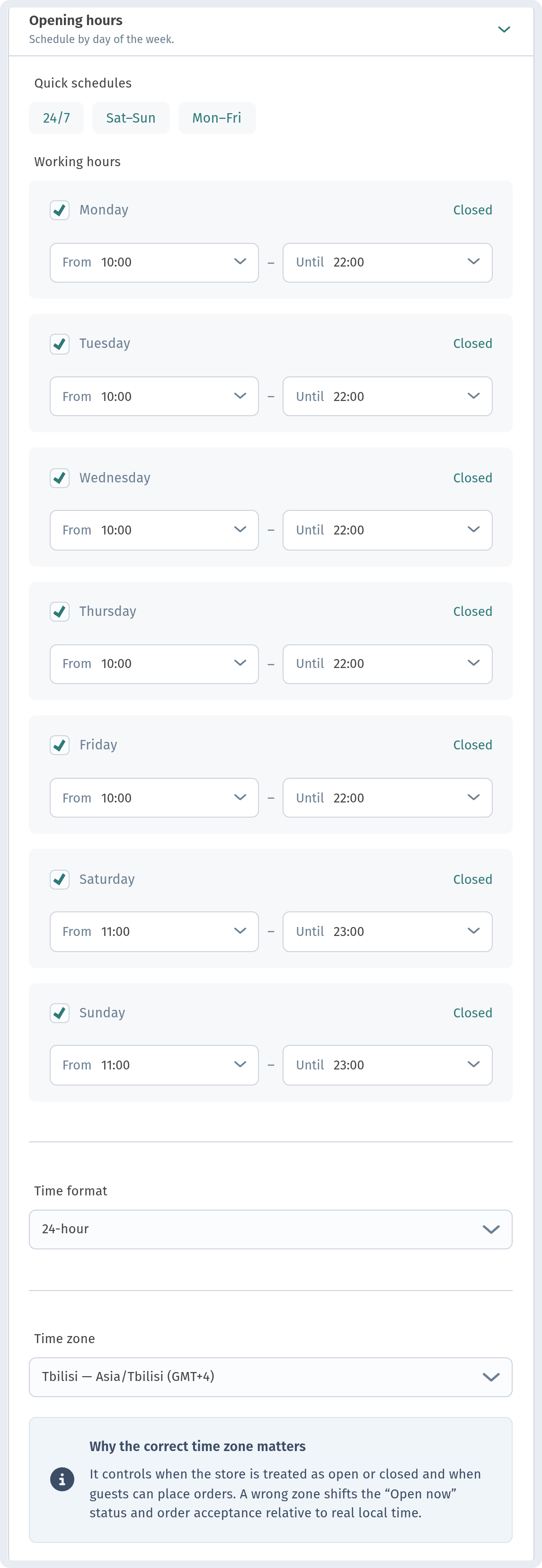 Wi-Fi, opening hours and contacts in your WebQRMenu menu