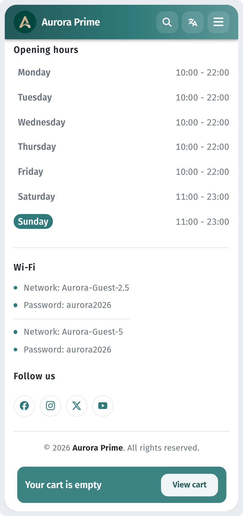 Wi-Fi, opening hours and contacts in your WebQRMenu menu