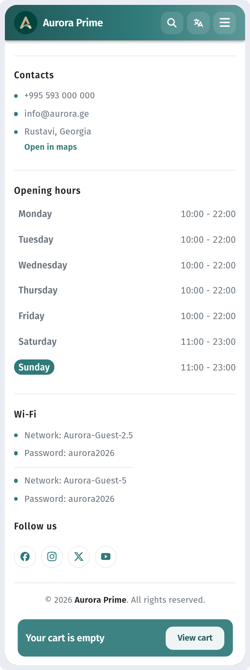 Wi-Fi, opening hours and contacts in your WebQRMenu menu