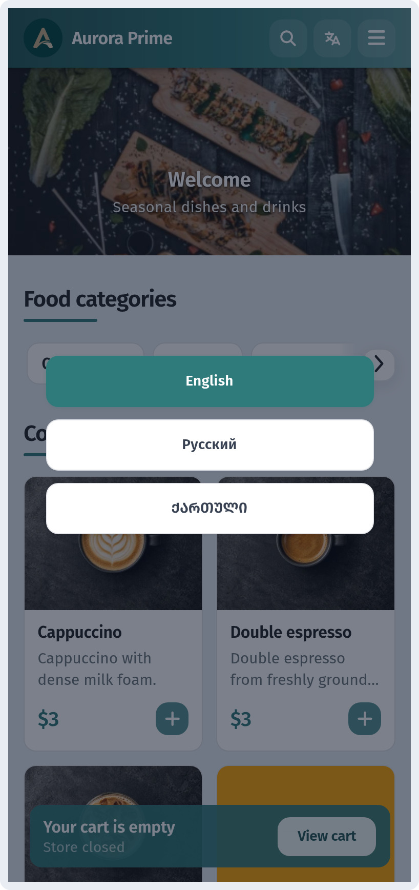 A Menu in Three Languages (RU/EN/KA) on WebQRMenu
