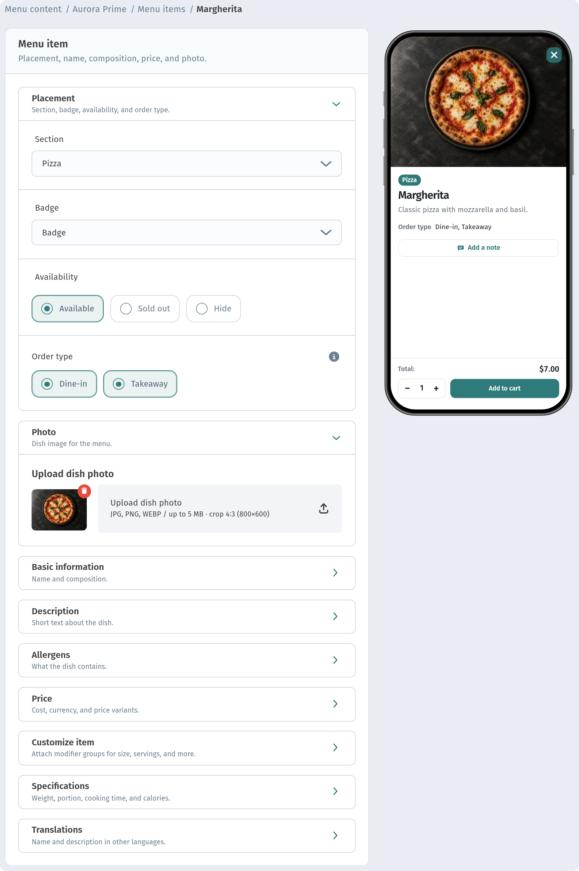 Dish photos in WebQRMenu: uploading and making them look good