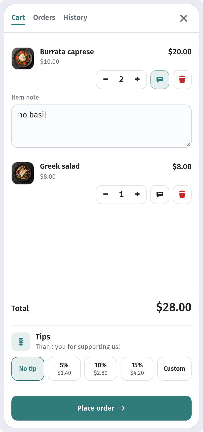 How a guest orders through the cart in WebQRMenu