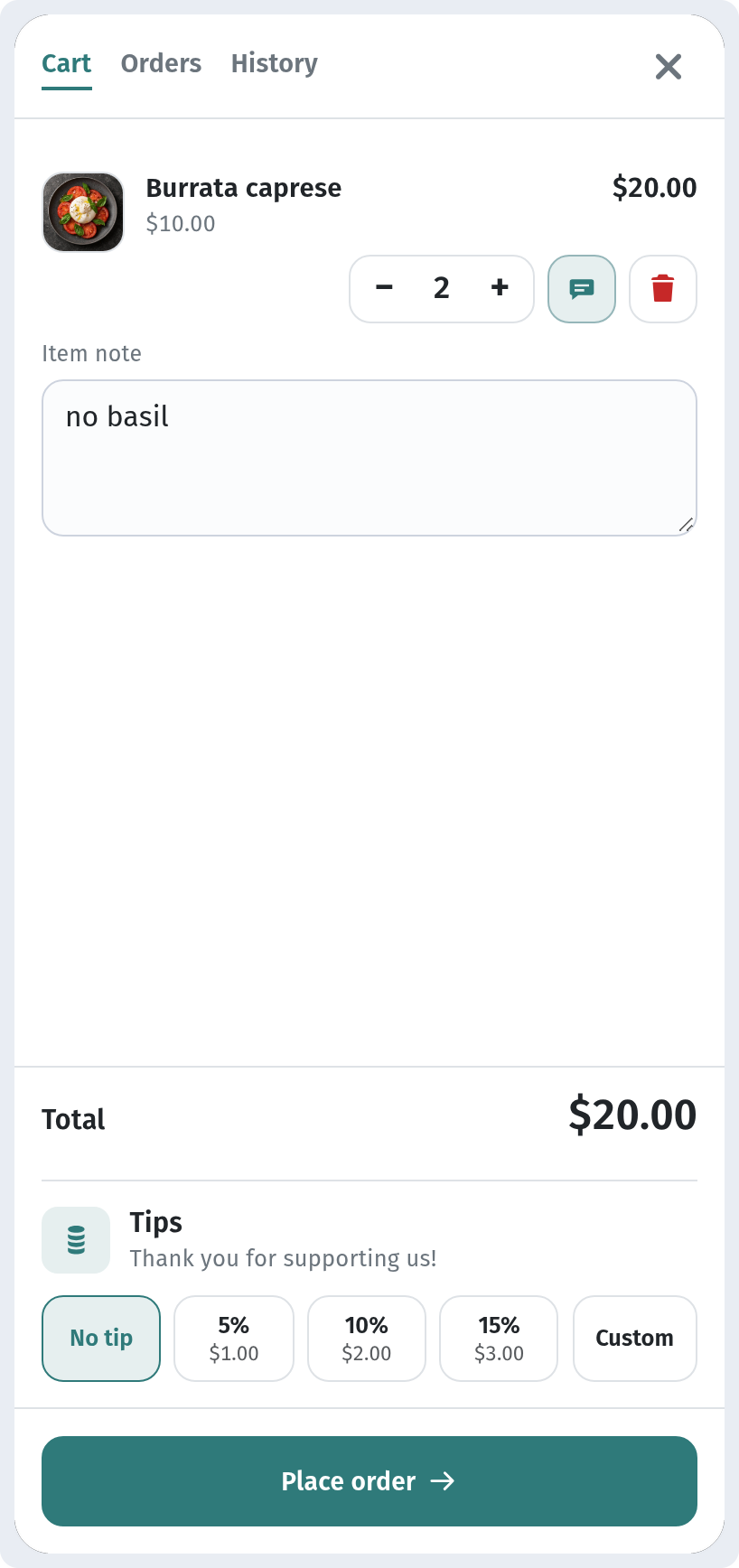 How a guest orders through the cart in WebQRMenu