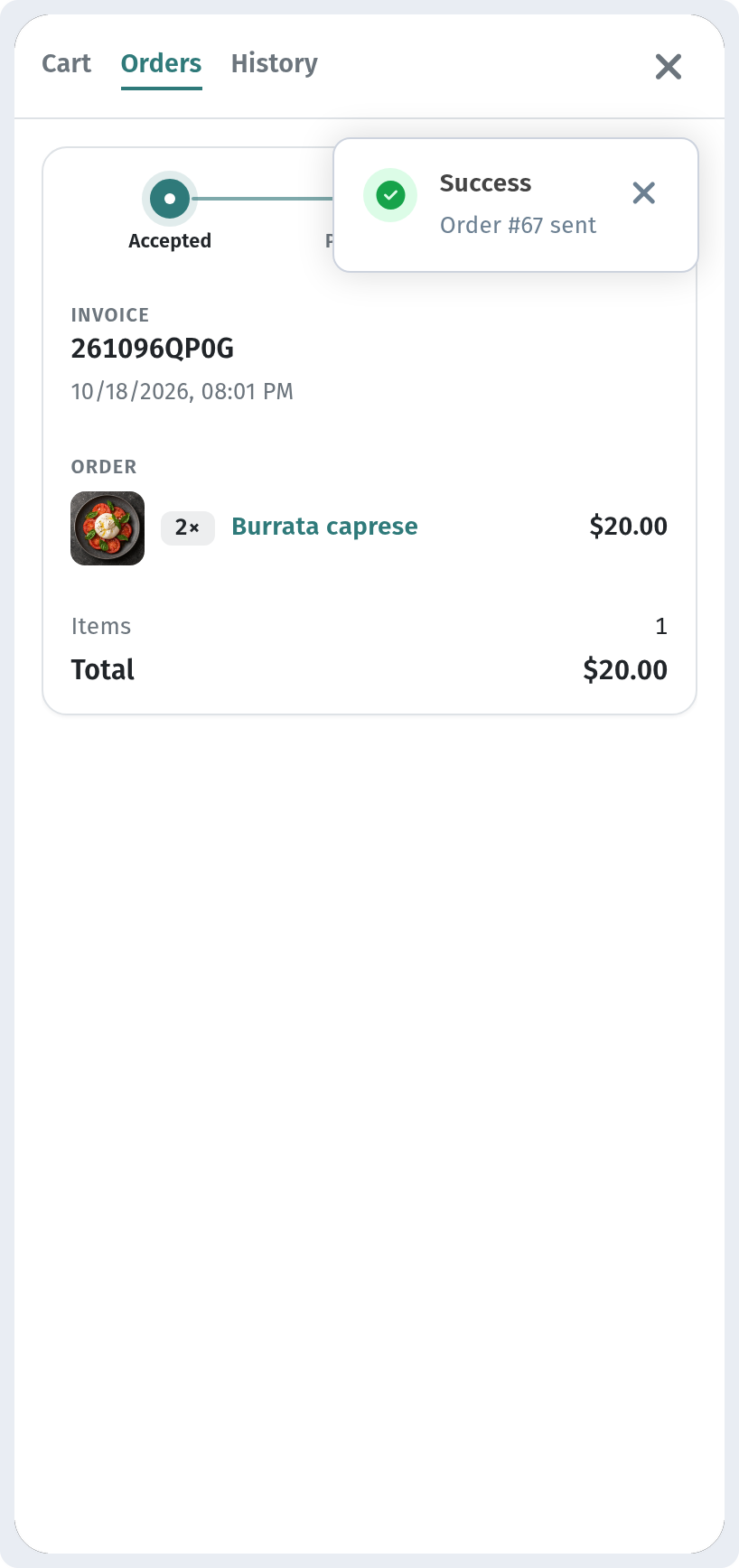 How a guest orders through the cart in WebQRMenu