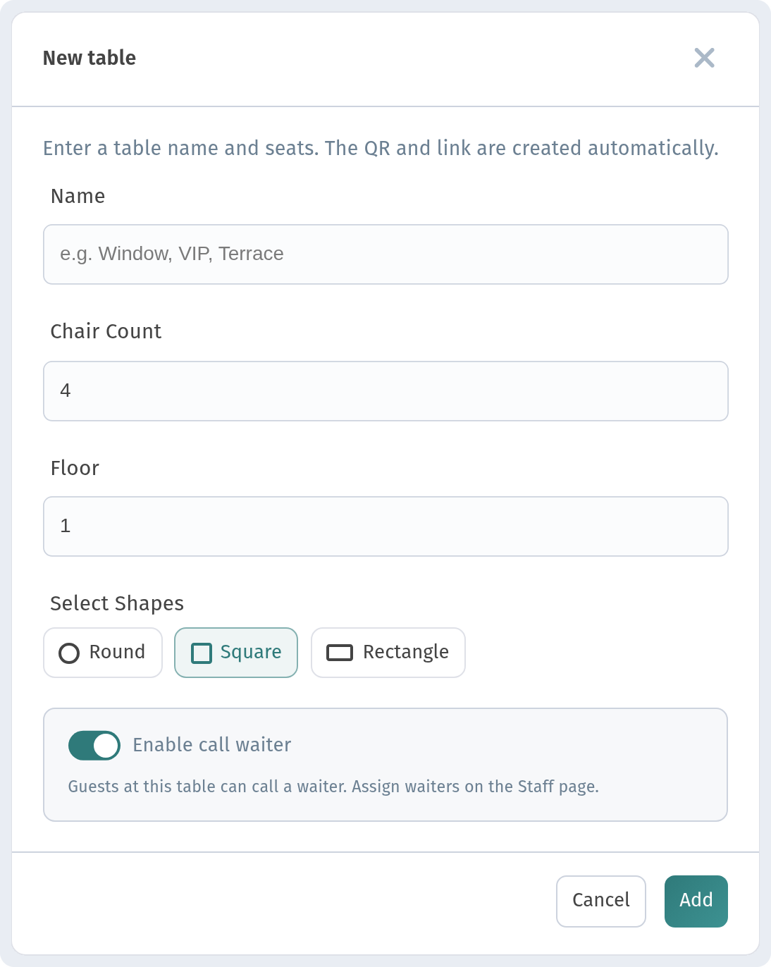 Tables and a separate QR code for every table in WebQRMenu