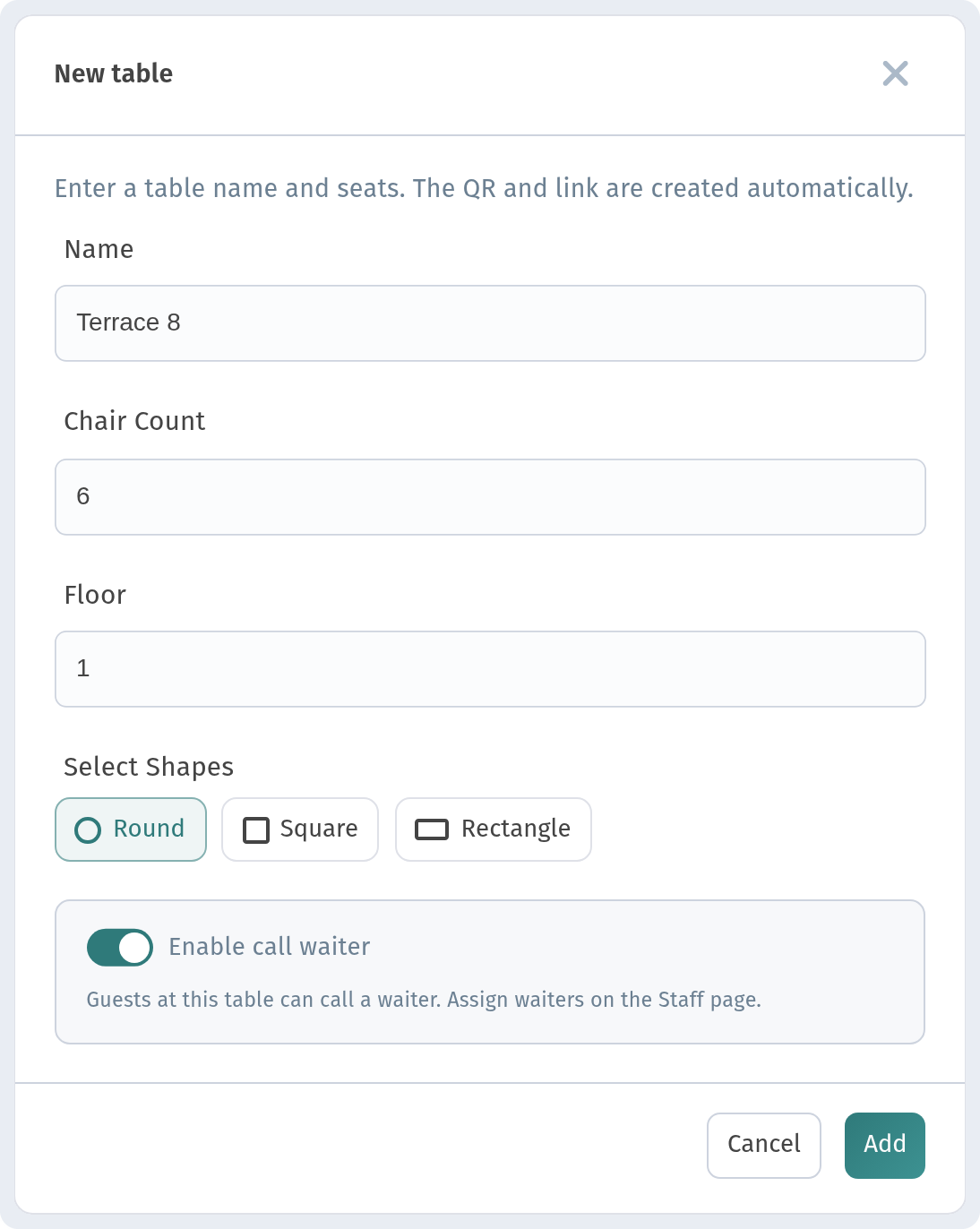 Tables and a separate QR code for every table in WebQRMenu