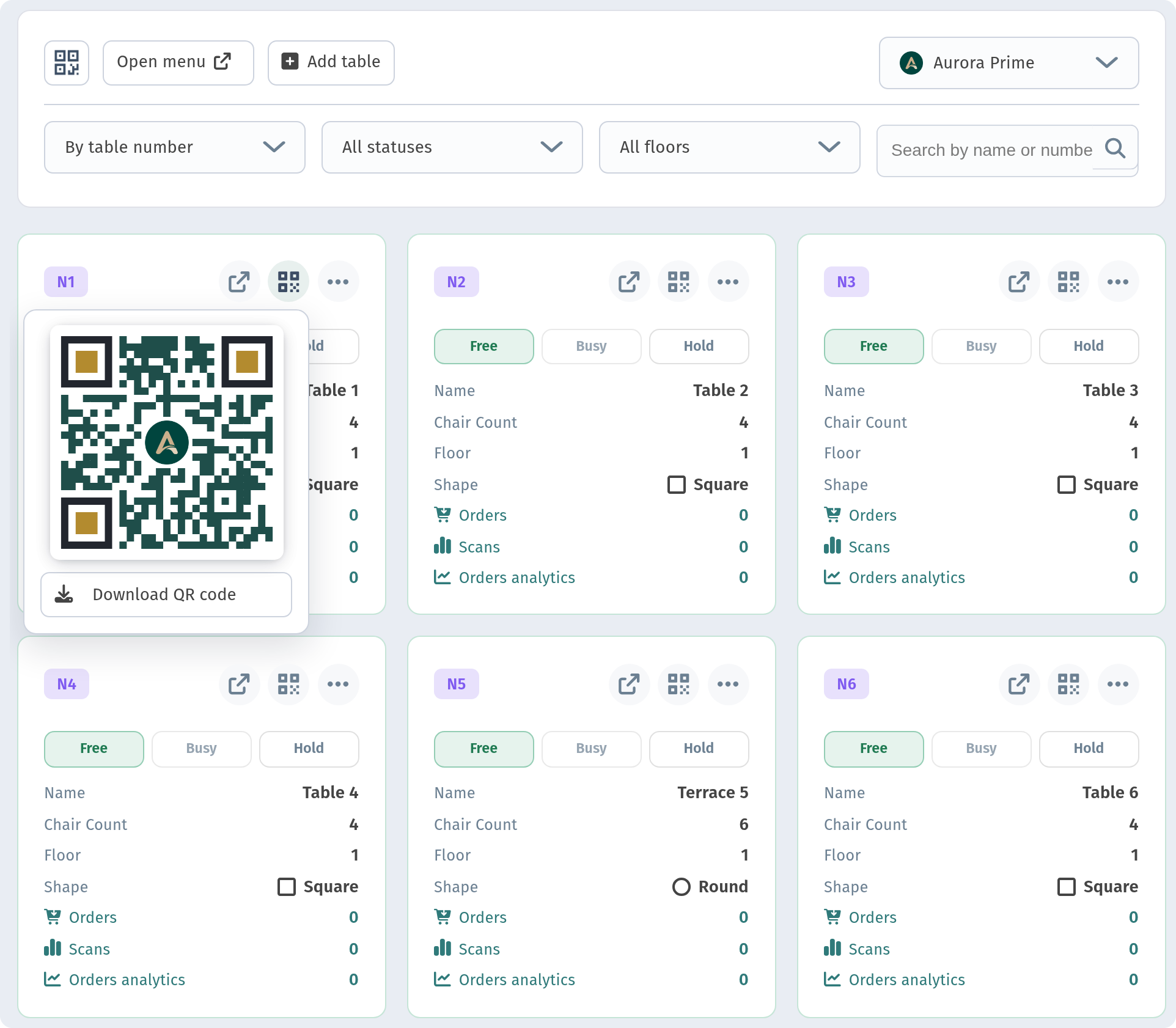 Tables and a separate QR code for every table in WebQRMenu
