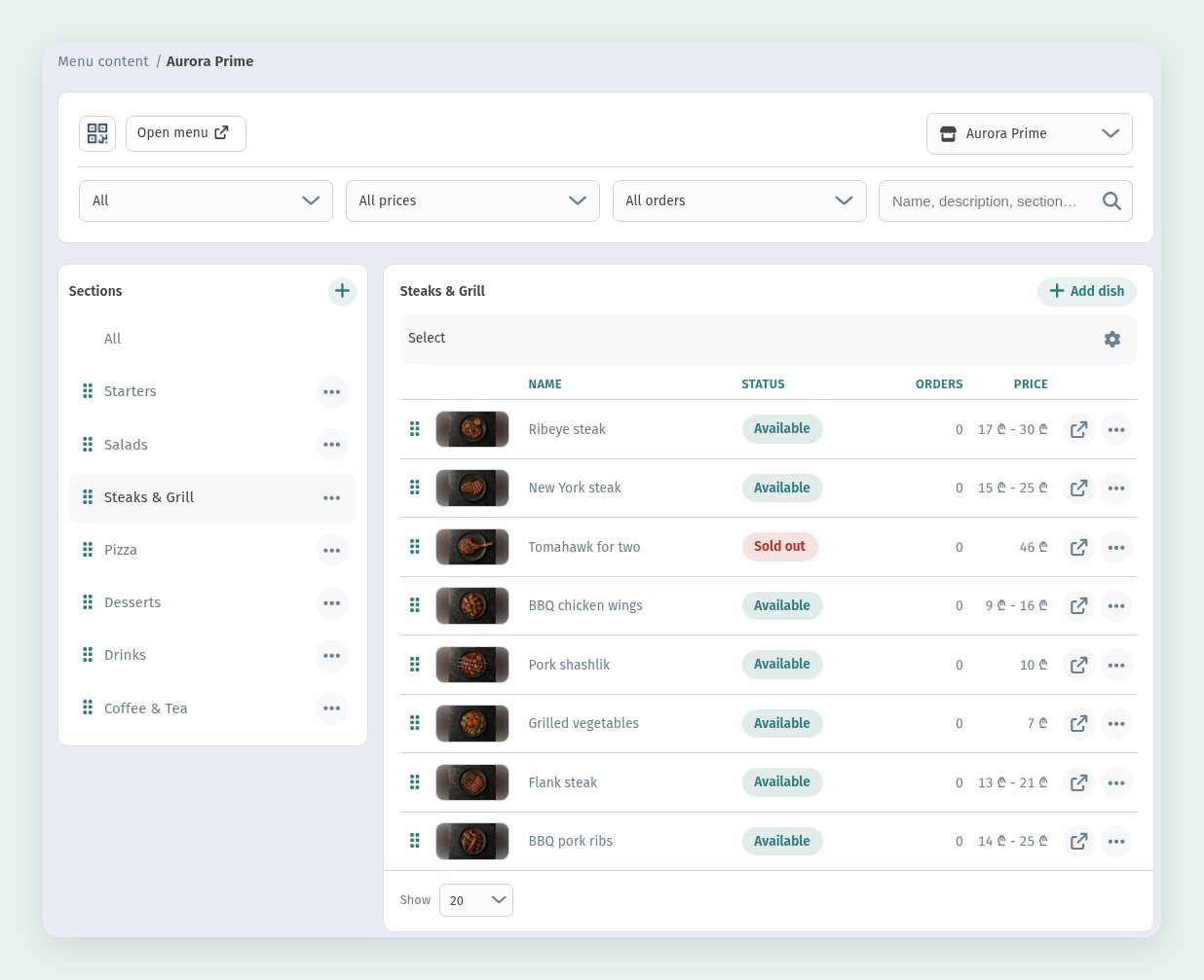 The dish card in WebQRMenu: sizes and price variants, allergens, badges, availability and characteristics