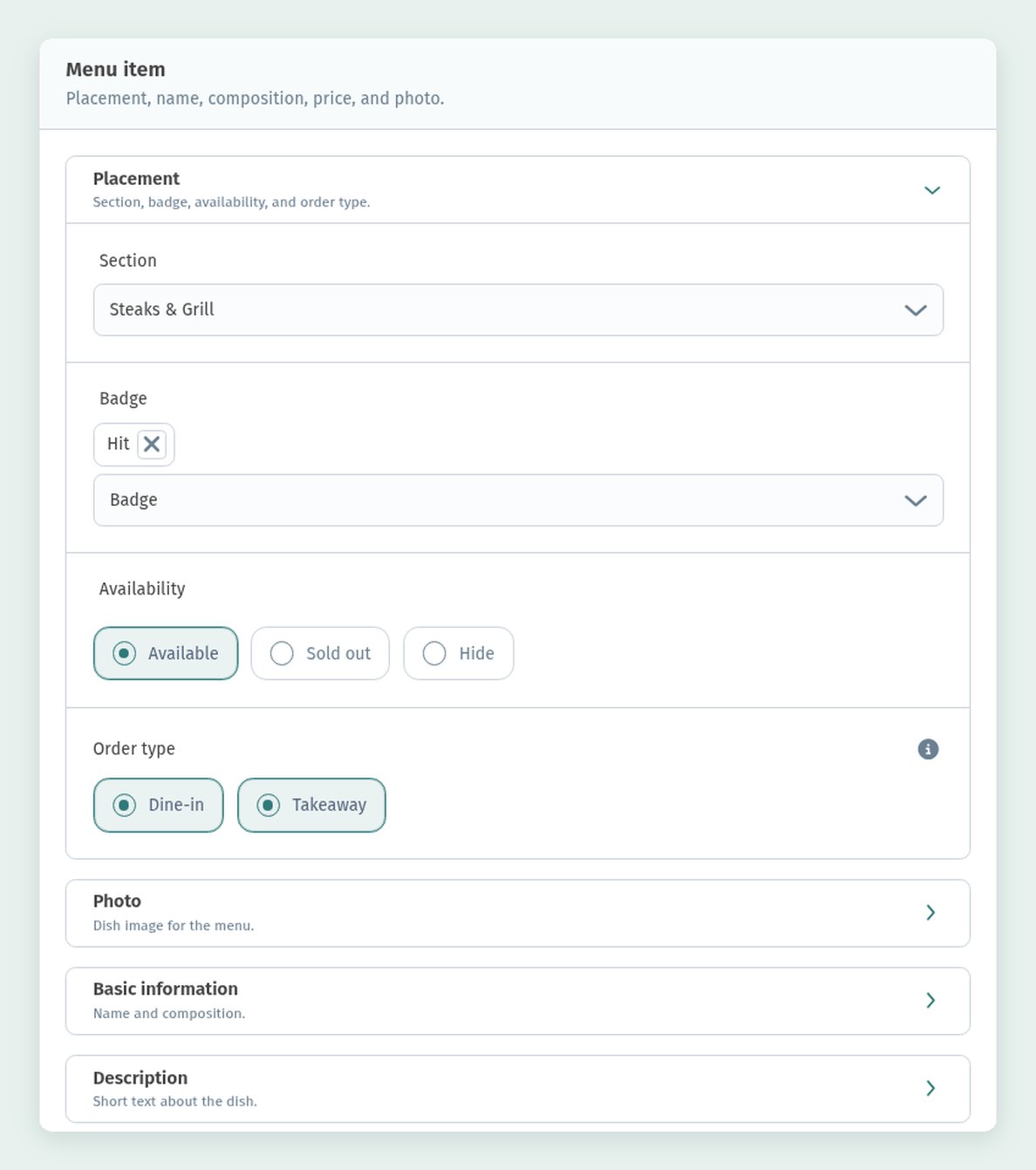 The dish card in WebQRMenu: sizes and price variants, allergens, badges, availability and characteristics