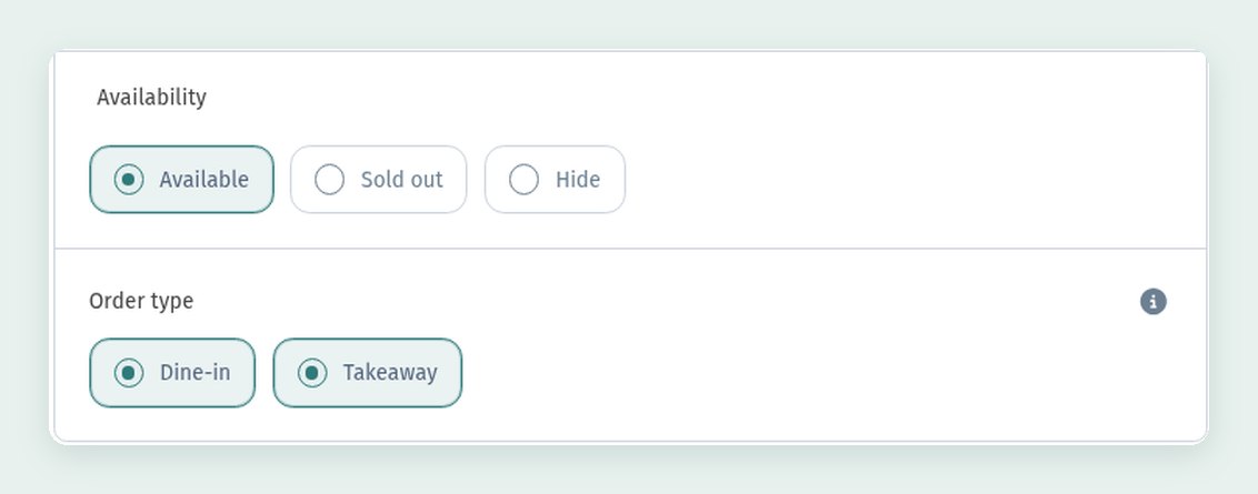 The dish card in WebQRMenu: sizes and price variants, allergens, badges, availability and characteristics