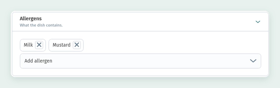 The dish card in WebQRMenu: sizes and price variants, allergens, badges, availability and characteristics