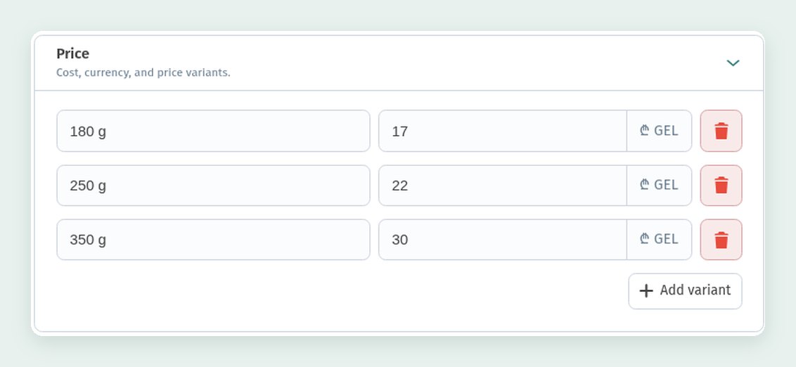The dish card in WebQRMenu: sizes and price variants, allergens, badges, availability and characteristics