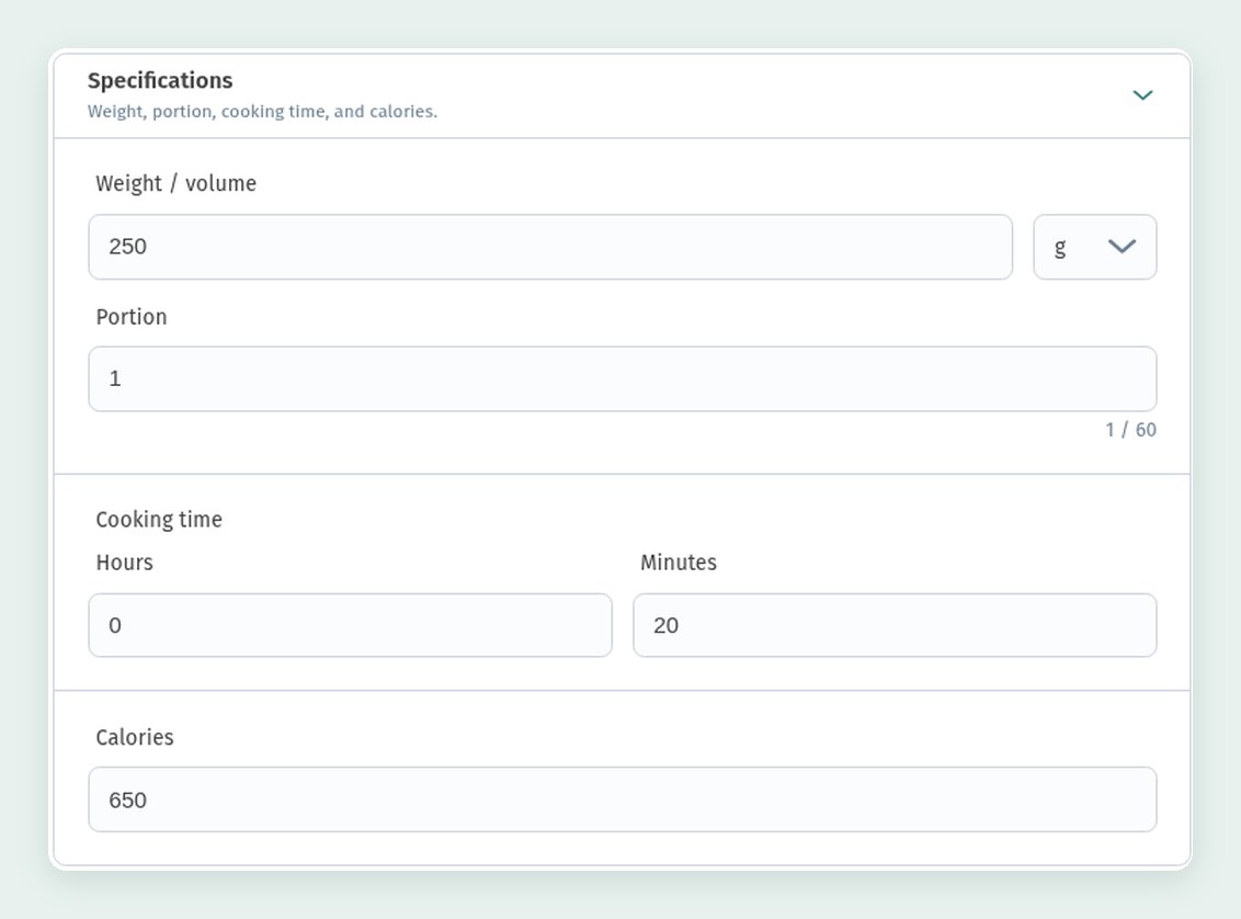 The dish card in WebQRMenu: sizes and price variants, allergens, badges, availability and characteristics