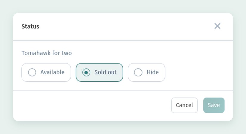 The dish card in WebQRMenu: sizes and price variants, allergens, badges, availability and characteristics
