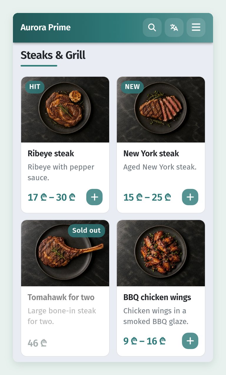 The dish card in WebQRMenu: sizes and price variants, allergens, badges, availability and characteristics