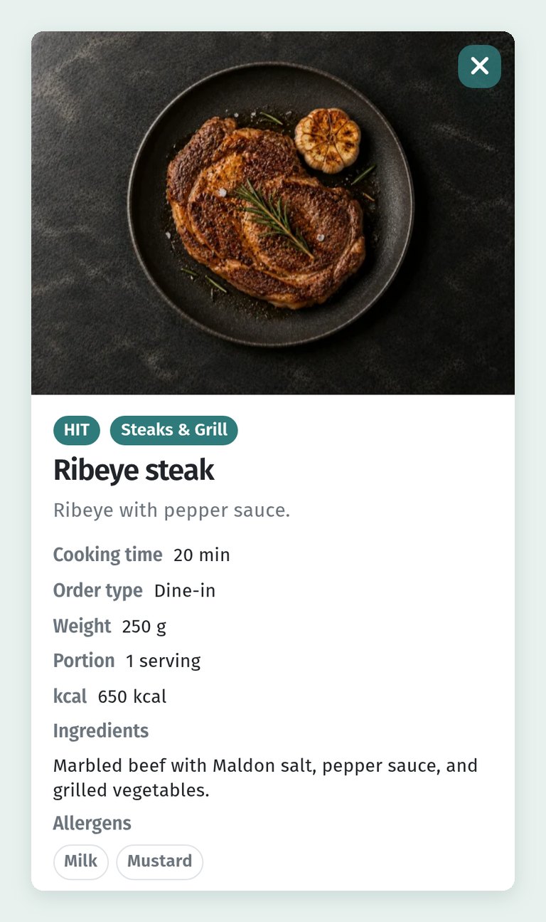 The dish card in WebQRMenu: sizes and price variants, allergens, badges, availability and characteristics