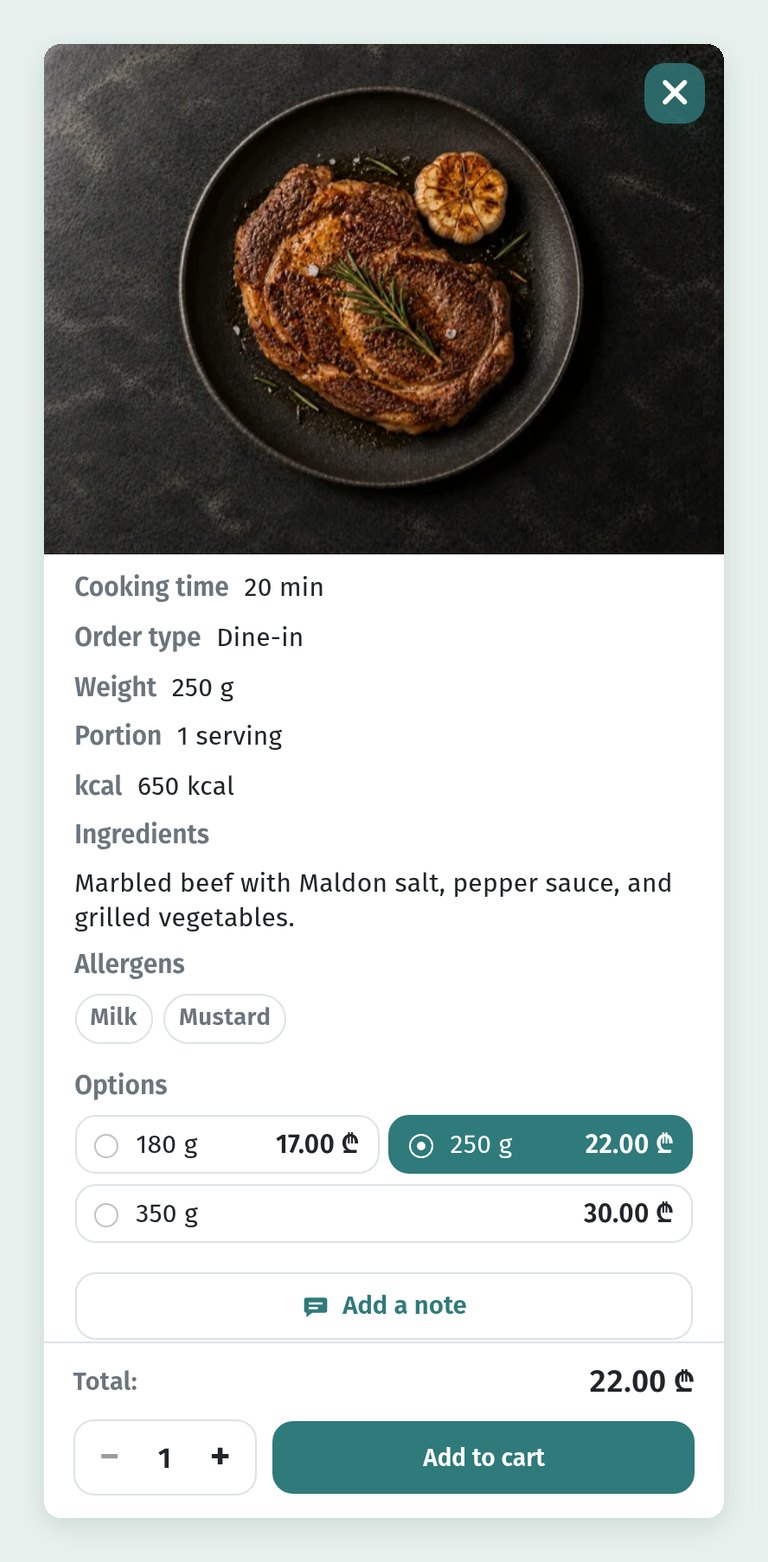 The dish card in WebQRMenu: sizes and price variants, allergens, badges, availability and characteristics