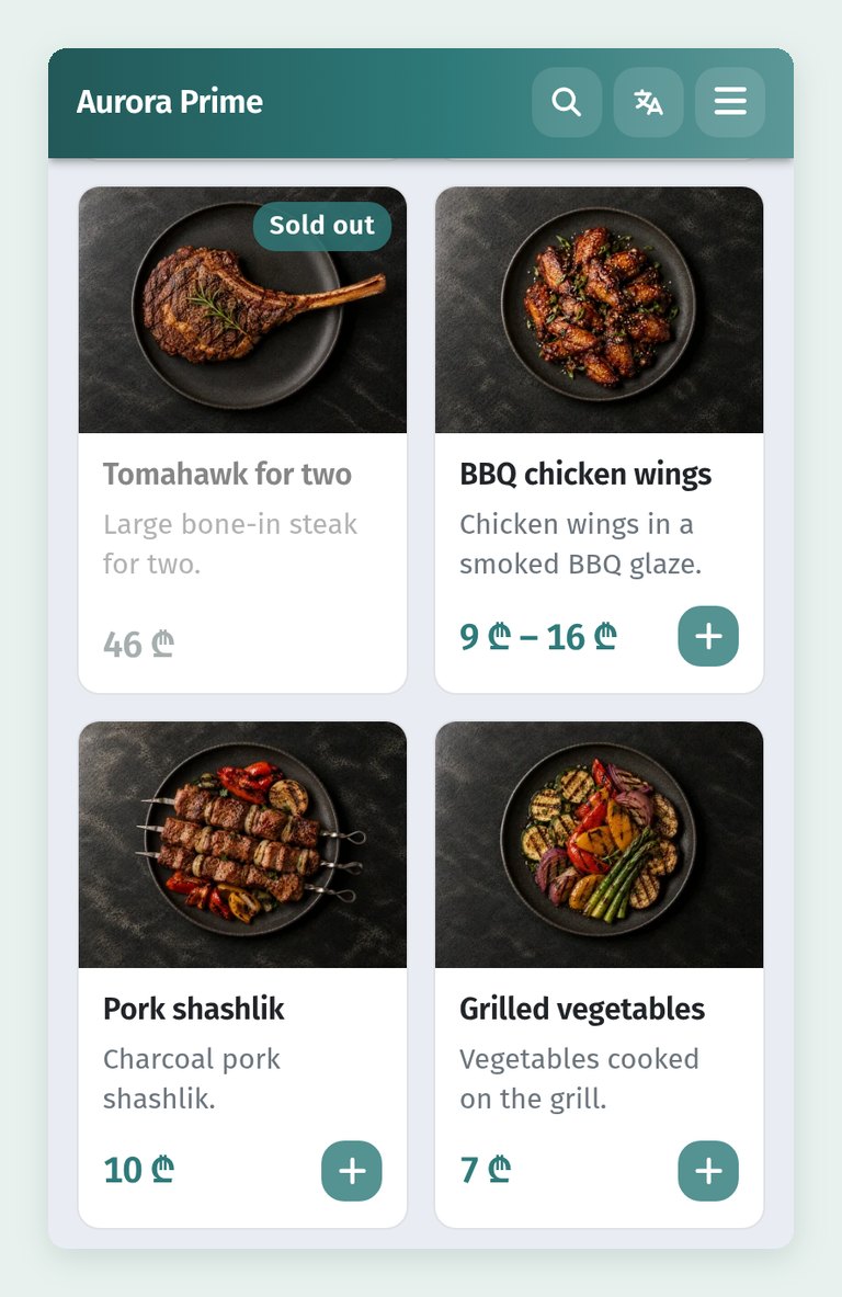 The dish card in WebQRMenu: sizes and price variants, allergens, badges, availability and characteristics