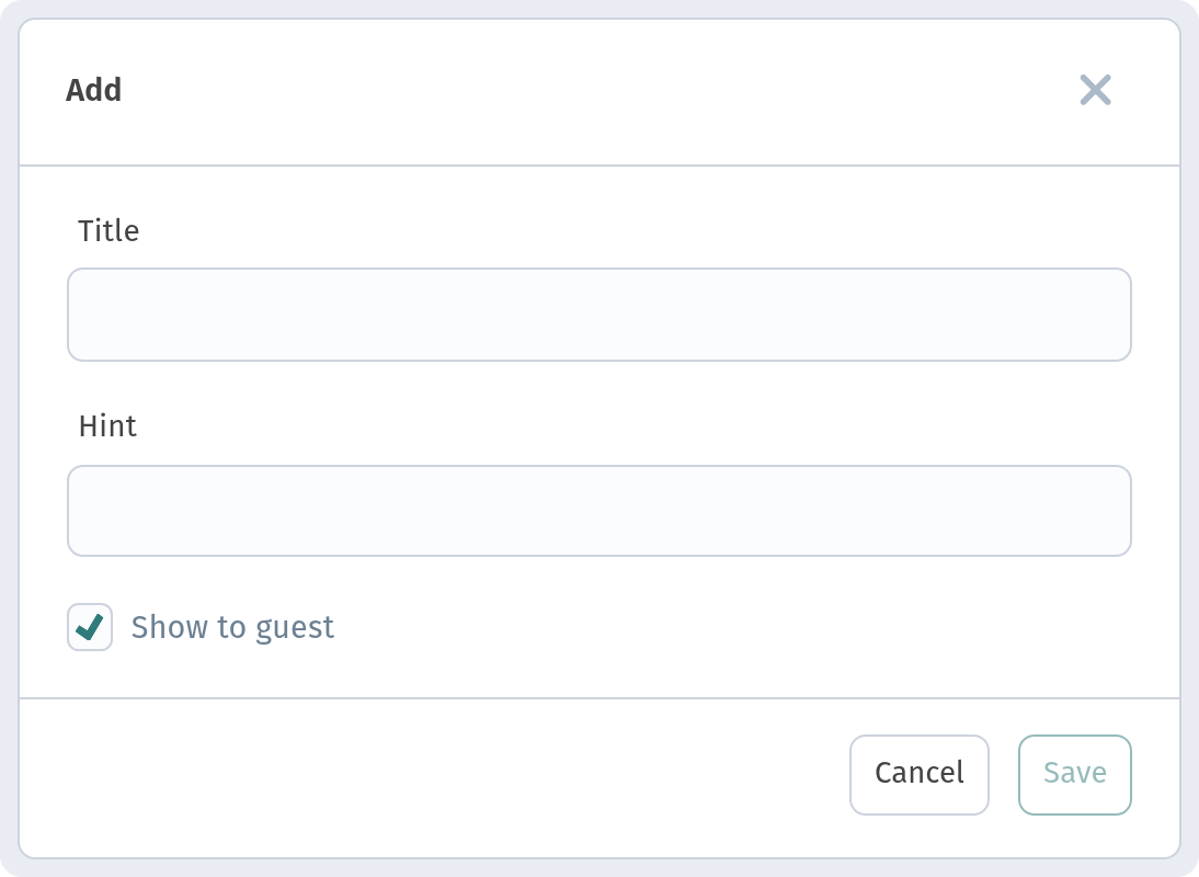 'Add' call type dialog with Title, Hint and 'Show to guest' switch