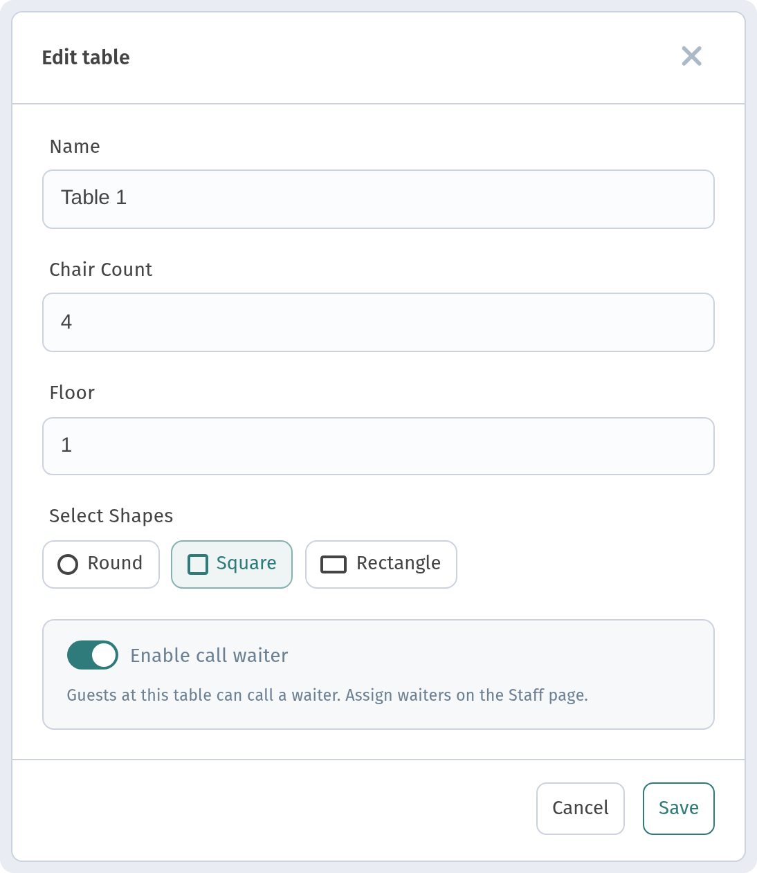 Edit table dialog with 'Enable call waiter' switch turned on