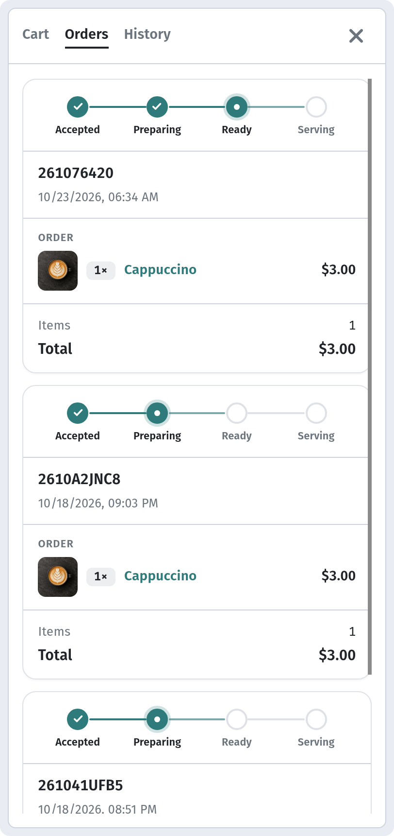 Orders tab with active order and the Accepted → Preparing → Ready → Serving tracker