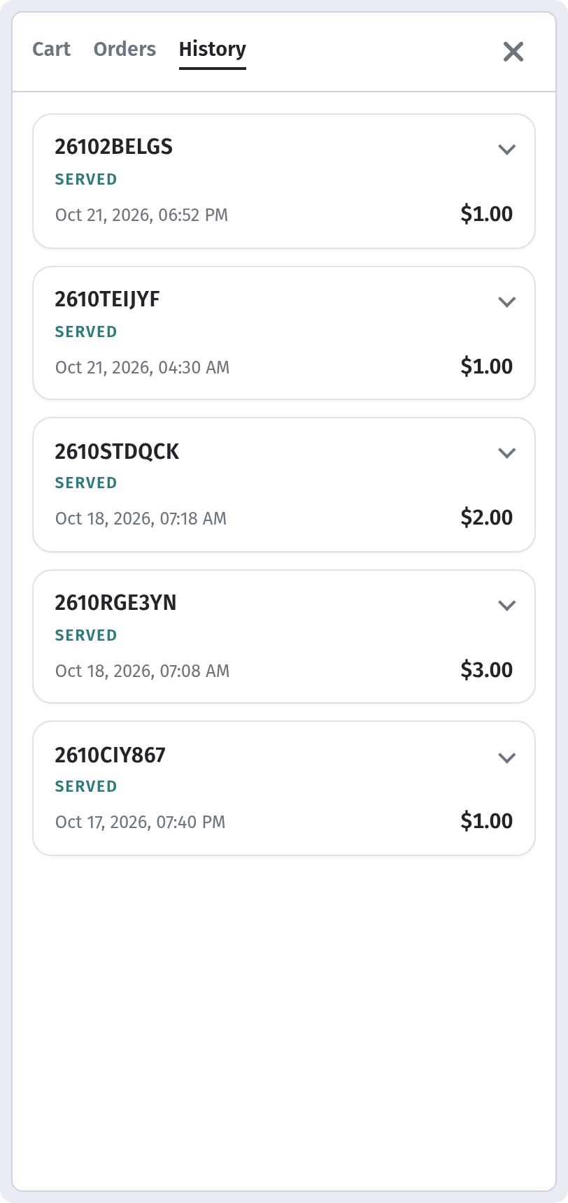 History tab with a list of SERVED orders (number, date/time, total)