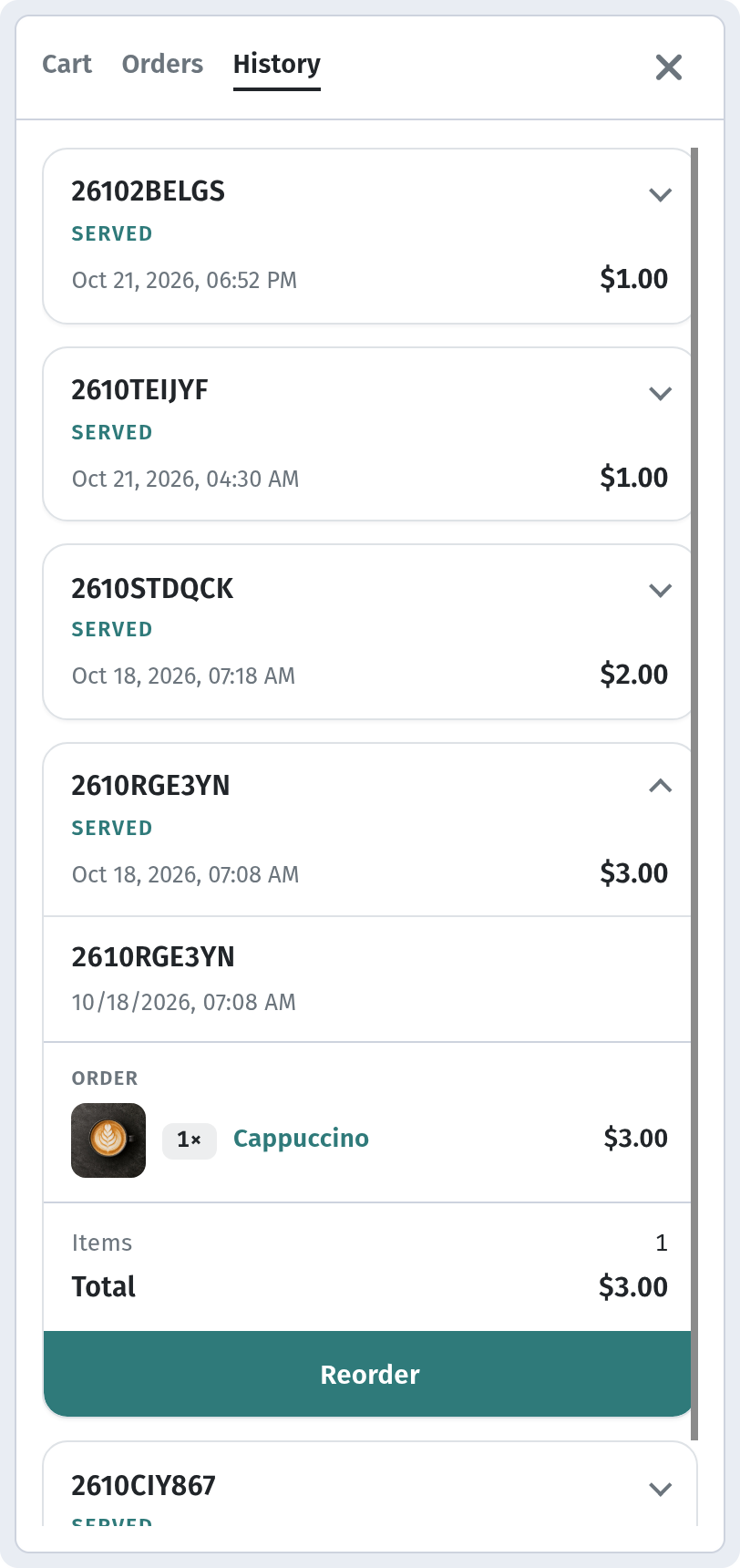Expanded History order showing items, Total and the green 'Reorder' button