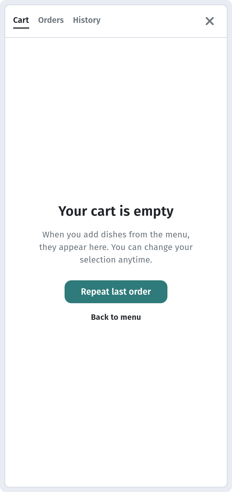 Cart tab with 'Repeat last order' and 'Back to menu' buttons