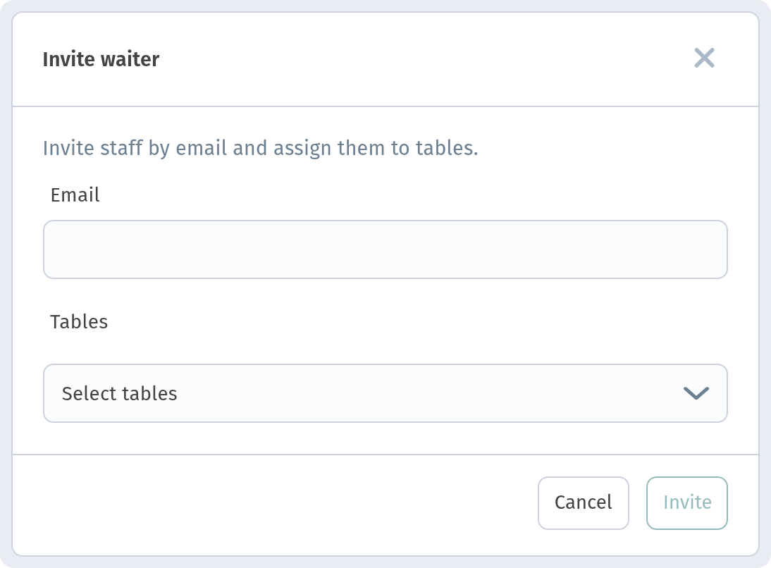 'Invite waiter' dialog with Email and Tables (Select tables) fields
