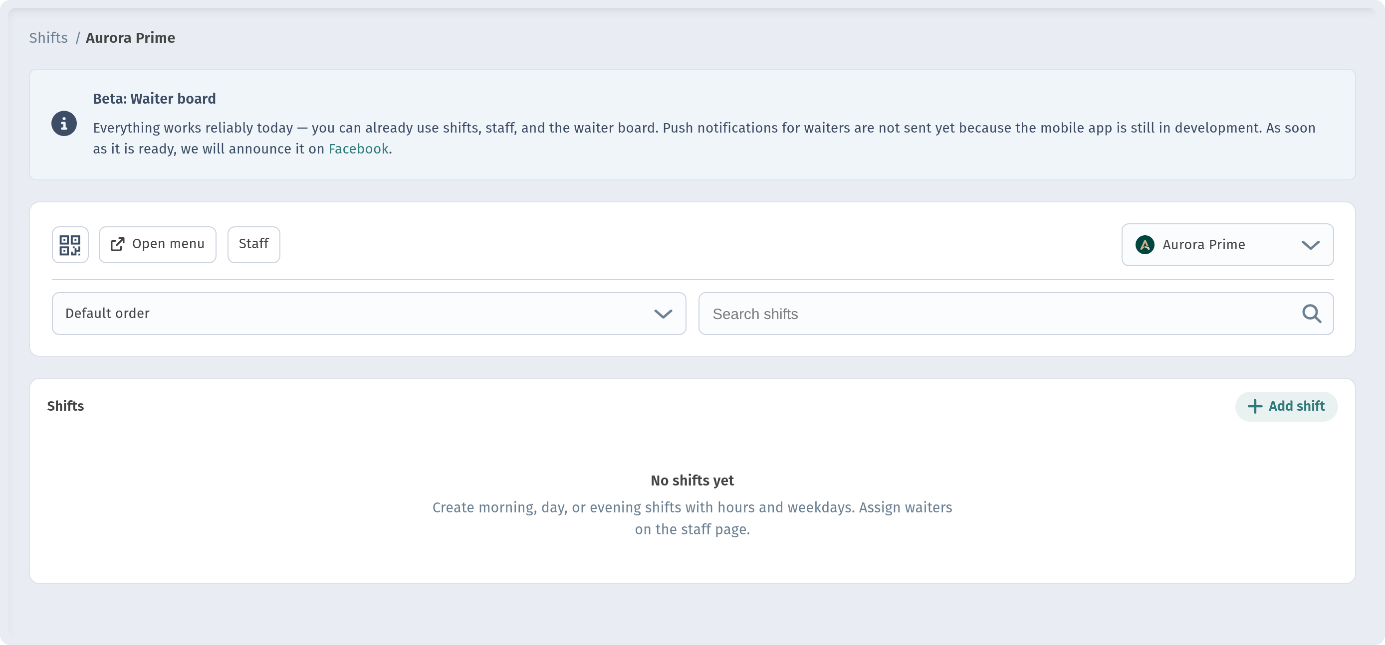 Shifts page with 'Add shift' button and empty state