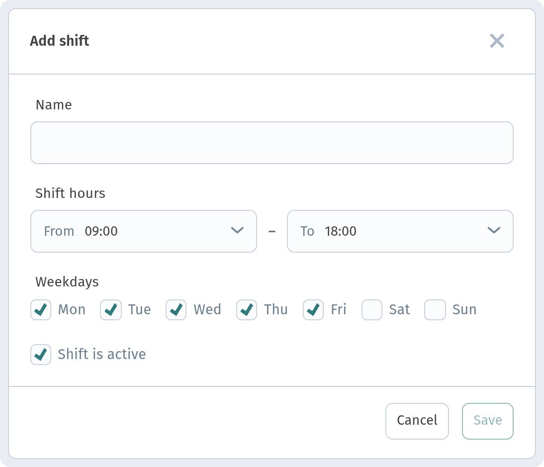 'Add shift' dialog with Name, From/To hours, Mon–Sun toggles and 'Shift is active'