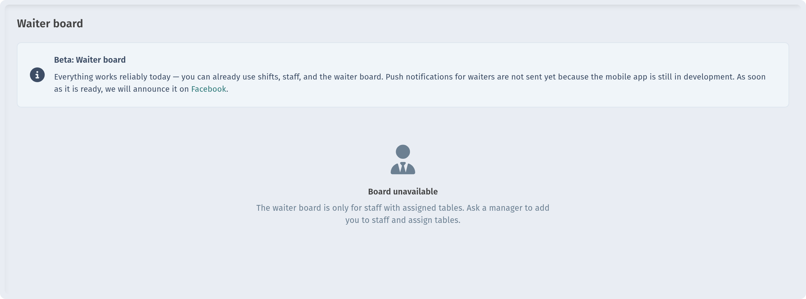 Waiter board 'Board unavailable' message for a user without assigned tables