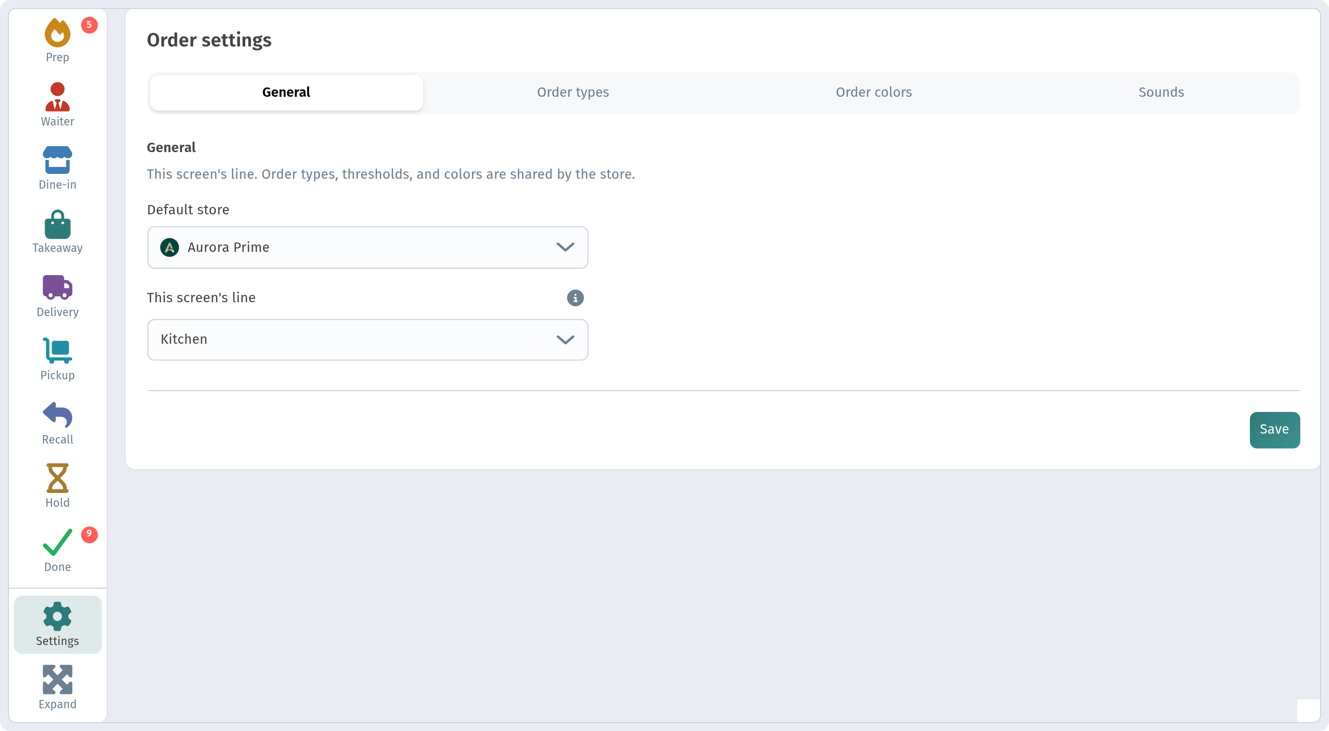 Kitchen line Settings → General with 'This screen's line' dropdown (Kitchen / Bar) and 'Default store'