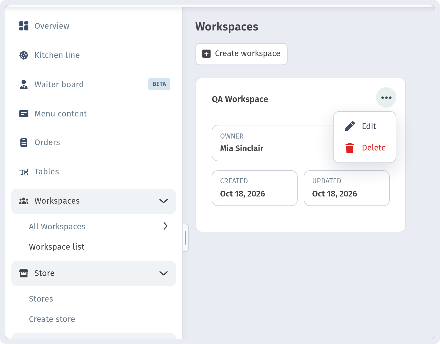 Workspaces page with a workspace card (OWNER, CREATED, UPDATED) and the open '...' menu with Edit / Delete