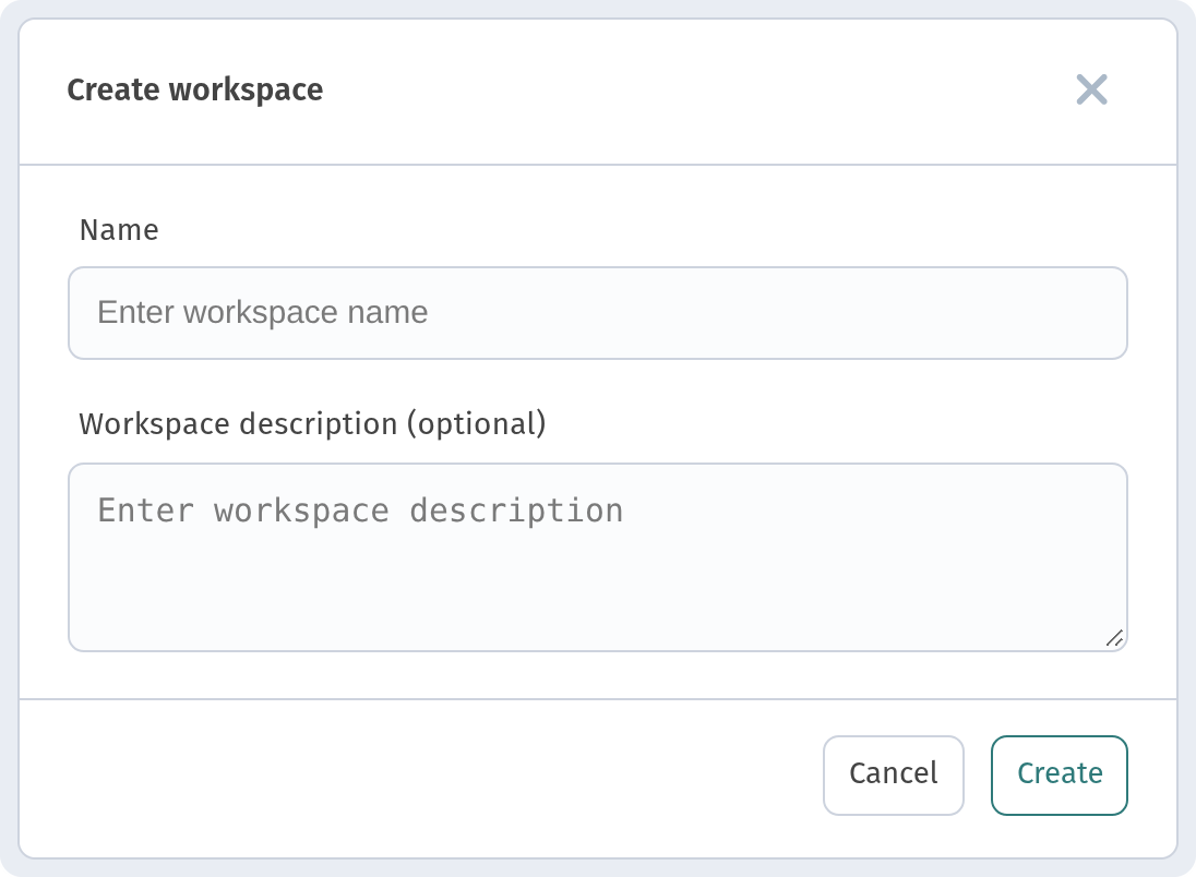 'Create workspace' dialog with Name and Workspace description (optional) fields