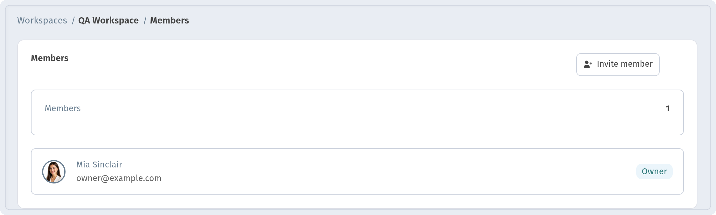Members page of a workspace with the member counter, the owner row with 'Owner' badge and the 'Invite member' button