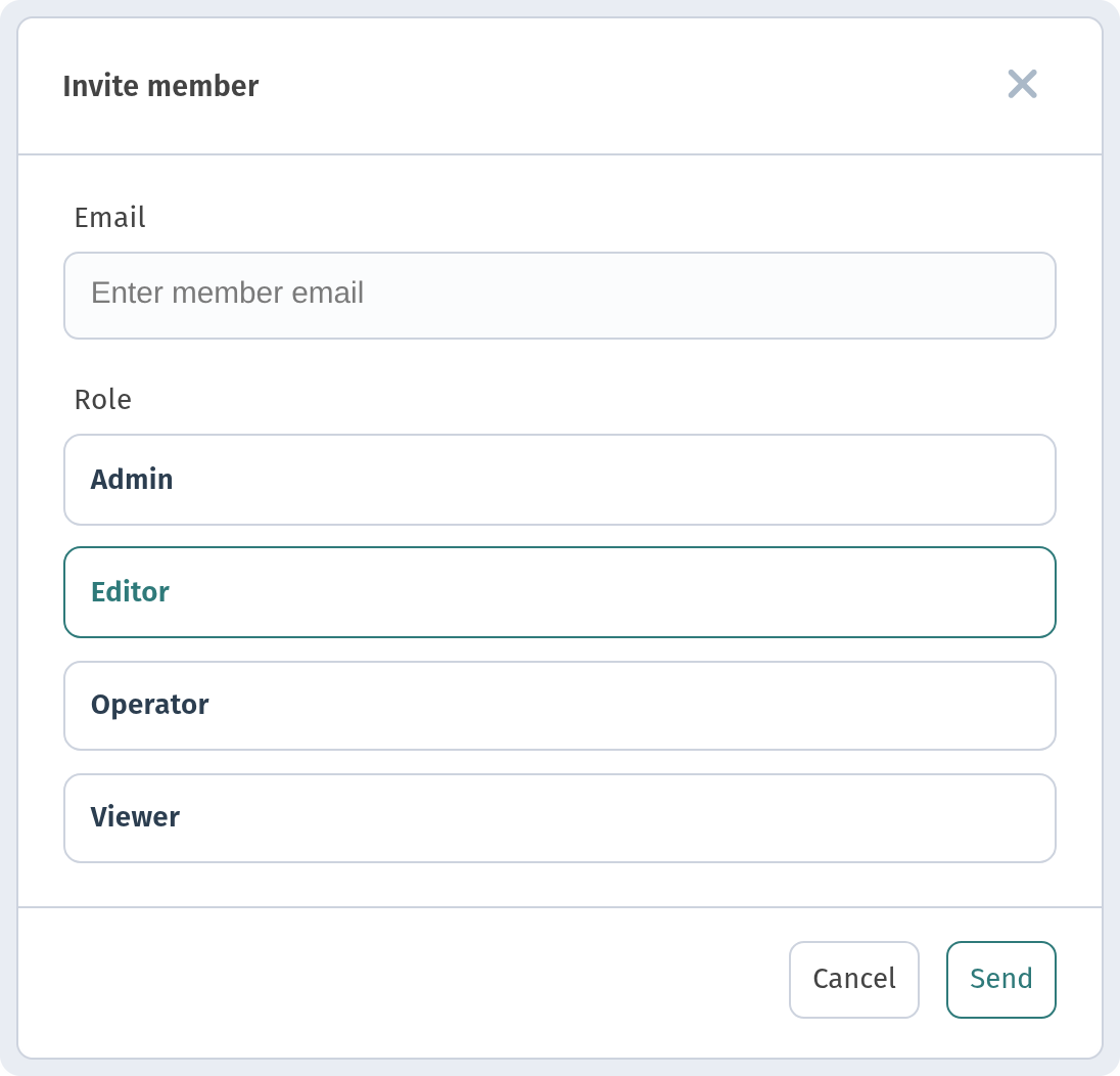 'Invite member' dialog with Email field and Role options Admin / Editor (selected) / Operator / Viewer