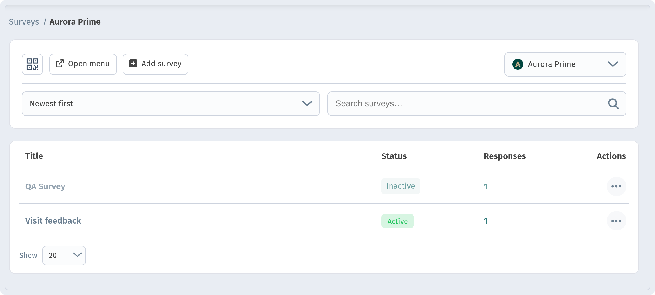 Store Surveys page (Surveys / Aurora Prime) with table Title / Status / Responses / Actions, one Active and one Inactive survey