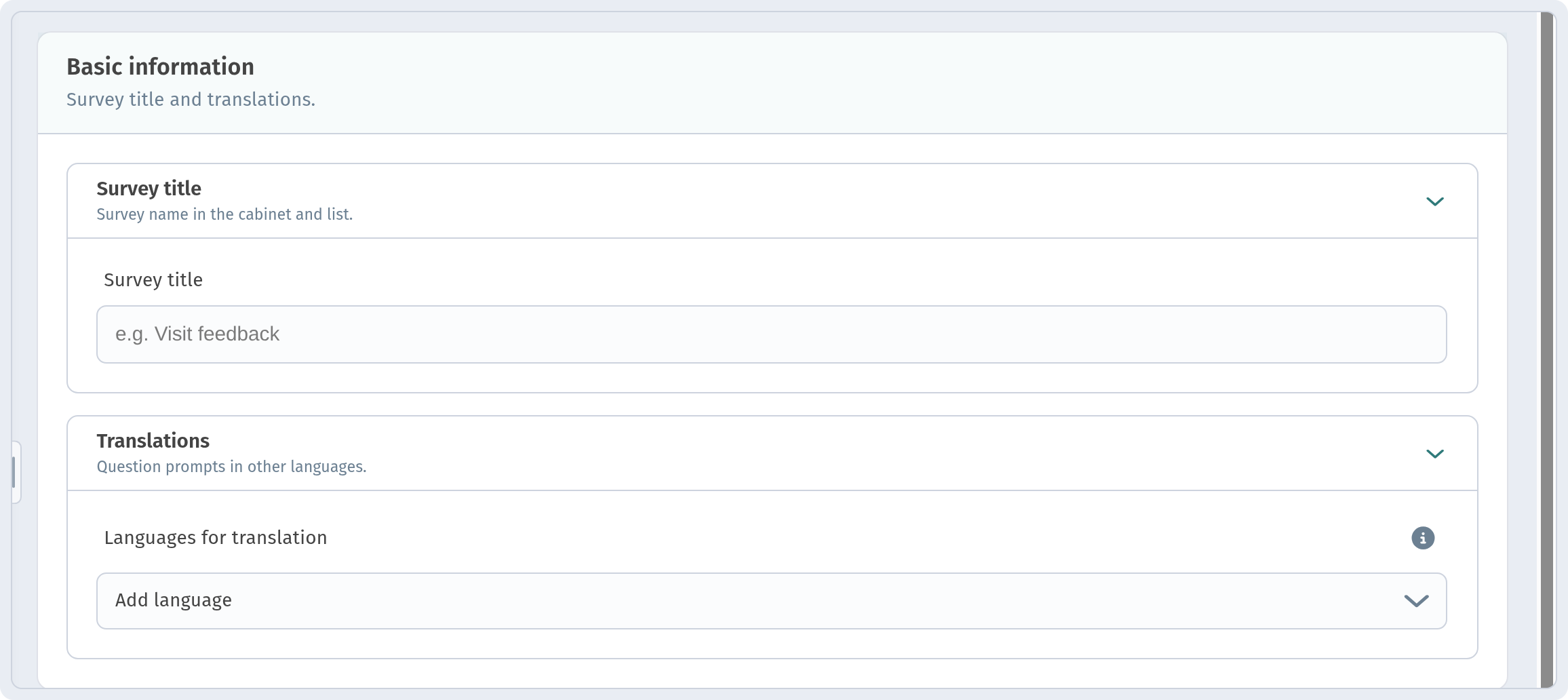 New survey page — Basic information with Survey title and Translations (Languages for translation, Add language) expanded