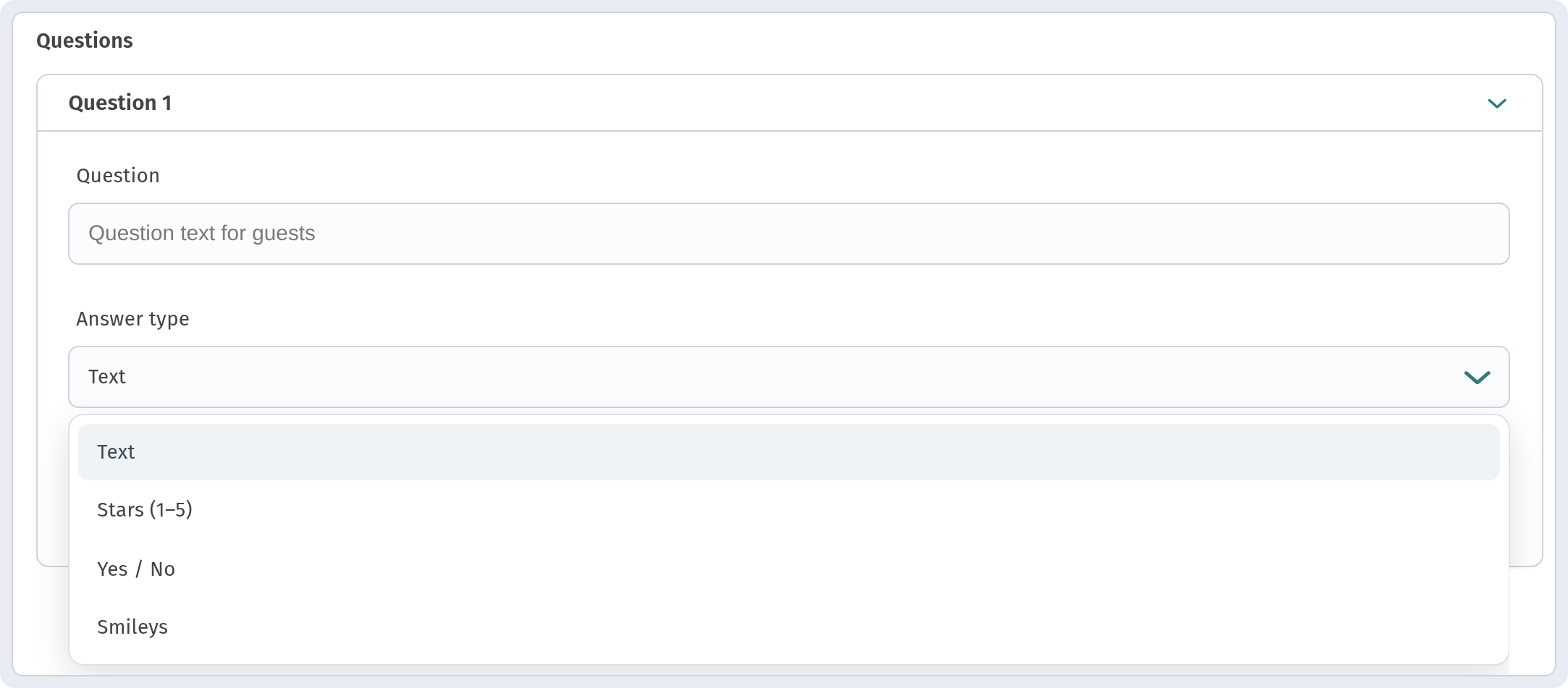 Questions card — Question 1 with the Answer type dropdown open (Text / Stars (1–5) / Yes / No / Smileys)
