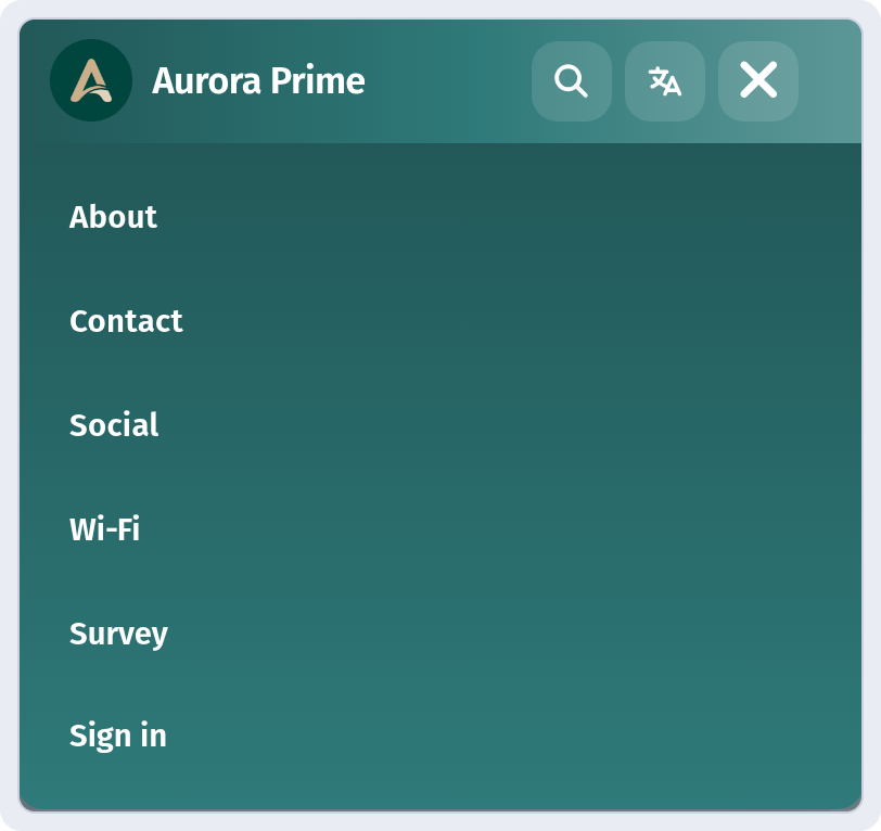 Guest menu on phone (390px) — hamburger menu open with 'Survey' item between Social / Wi‑Fi and Sign in