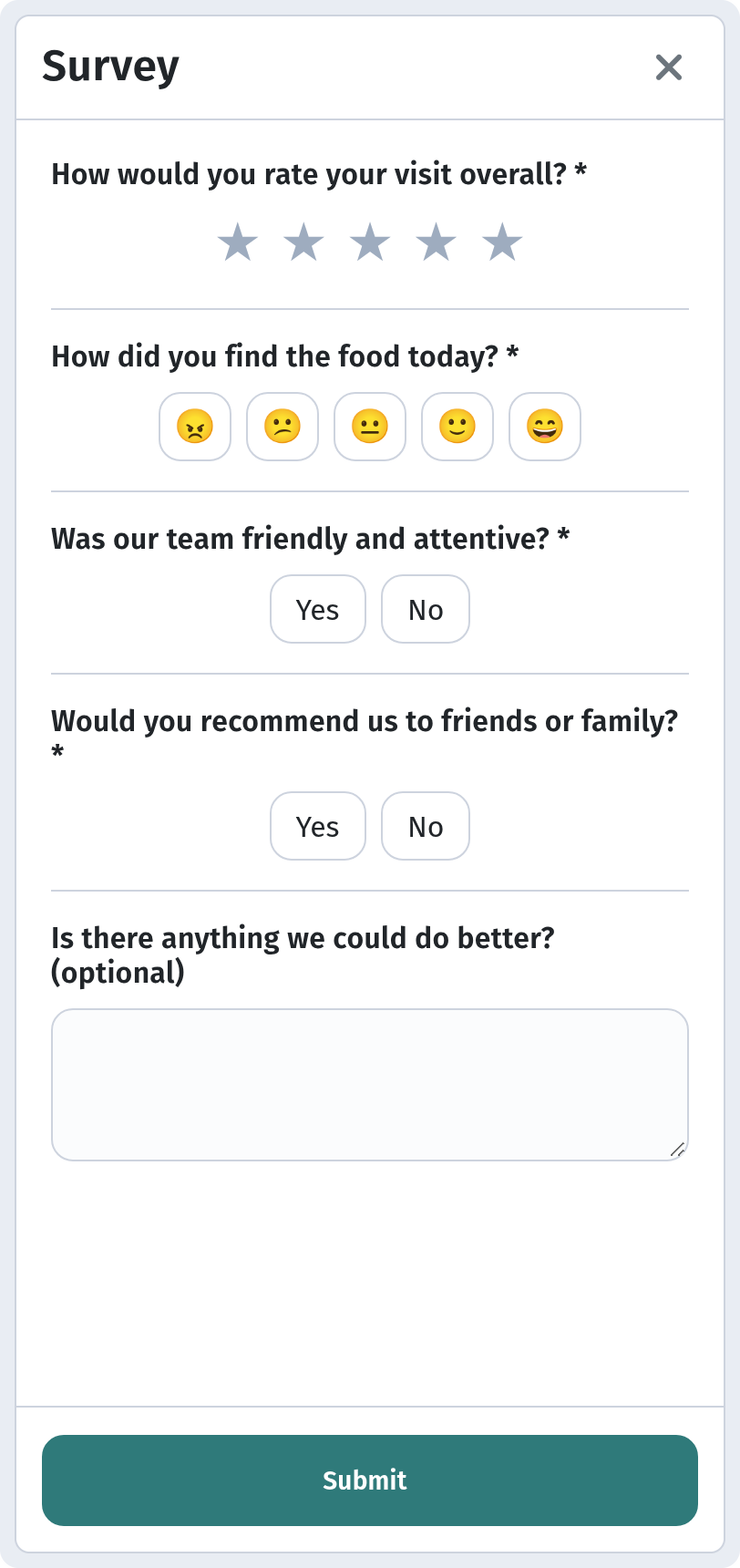 Guest menu on phone (390px) — Survey window with stars, smileys, Yes / No and optional text question and Submit button