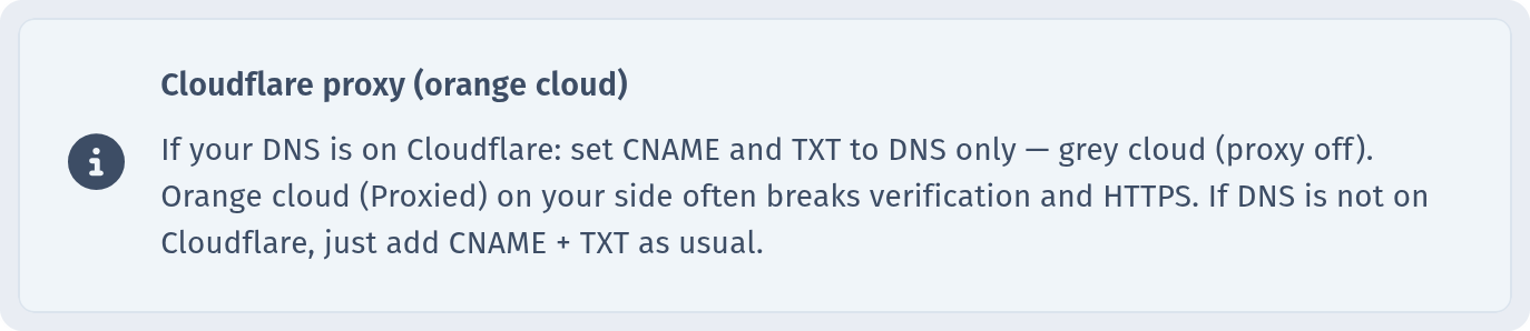 'Cloudflare proxy (orange cloud)' hint in DNS setup