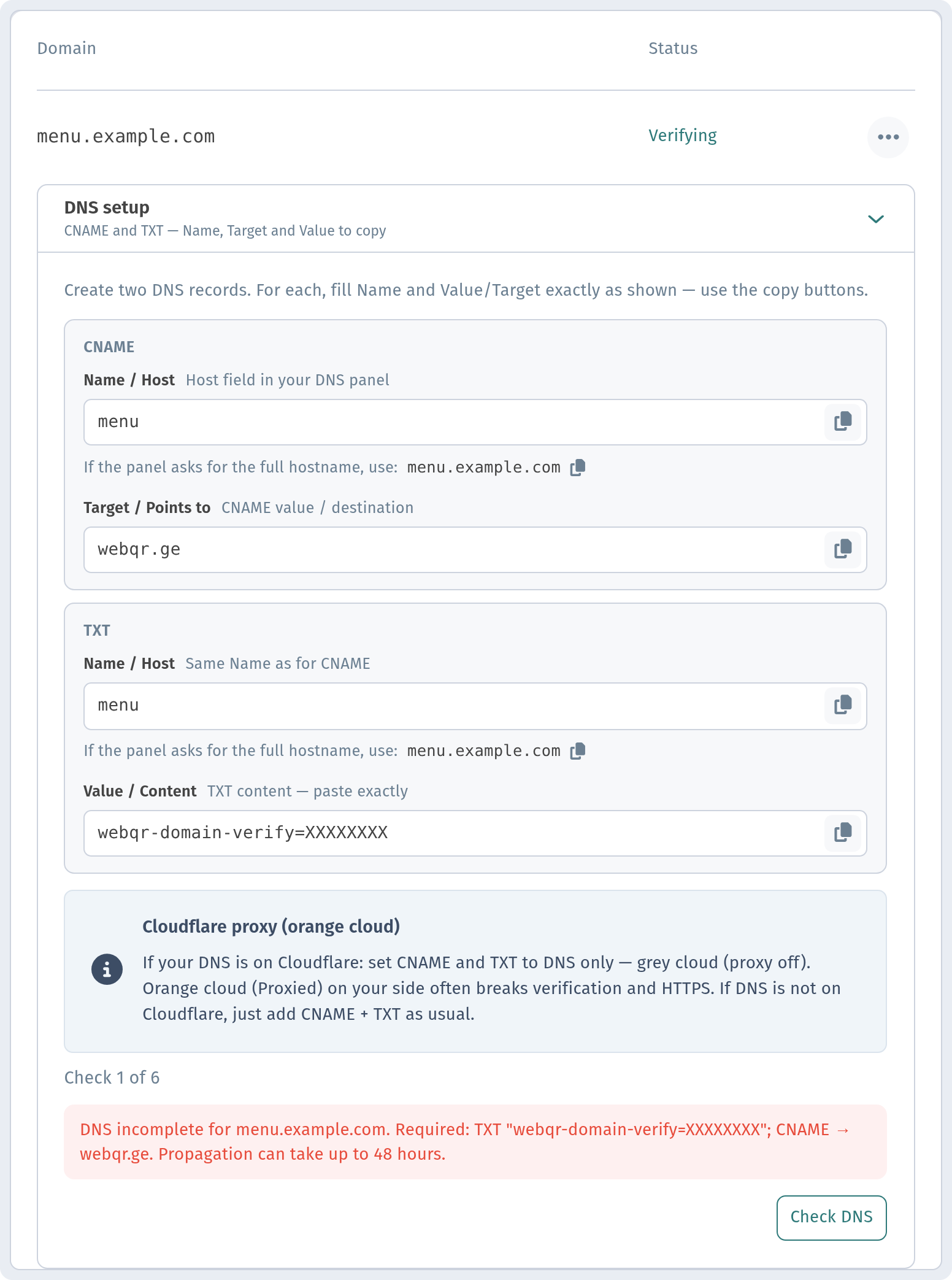Domain row with Status 'Verifying' and the attempt counter and 'DNS incomplete…' message under Check DNS — code and real domain masked