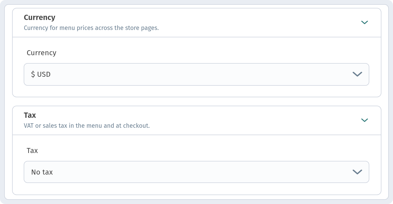 Store Information tab — Currency and Tax sections