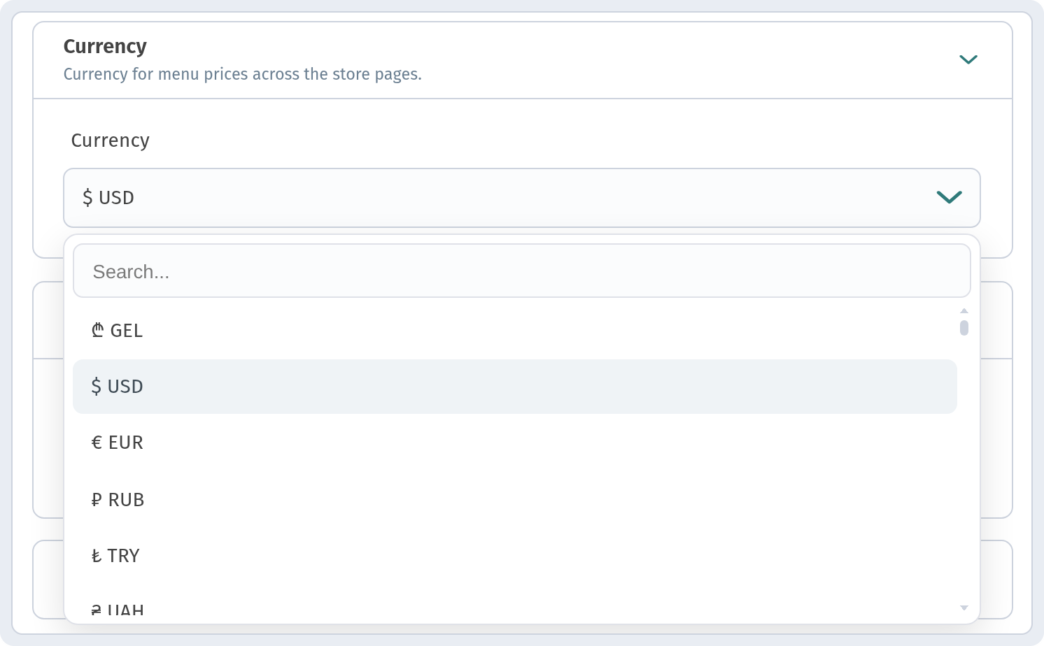 Currency dropdown open — list of currencies with symbols