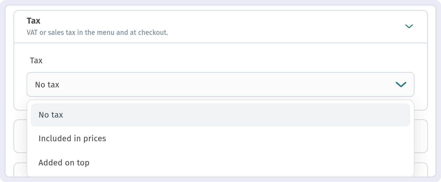 Tax dropdown open — No tax / Included in prices / Added on top