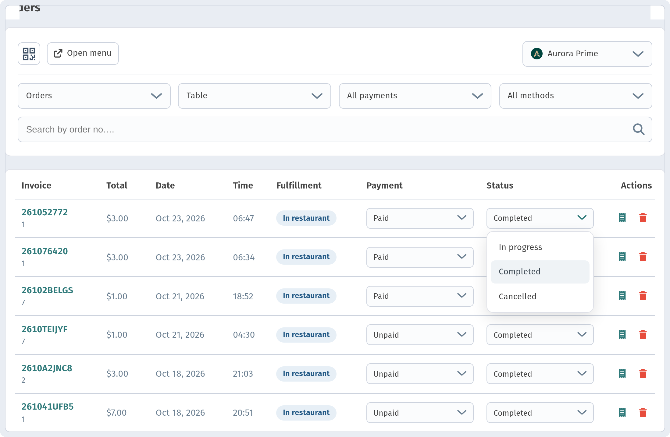 Status dropdown open in an order row — In progress / Completed / Cancelled