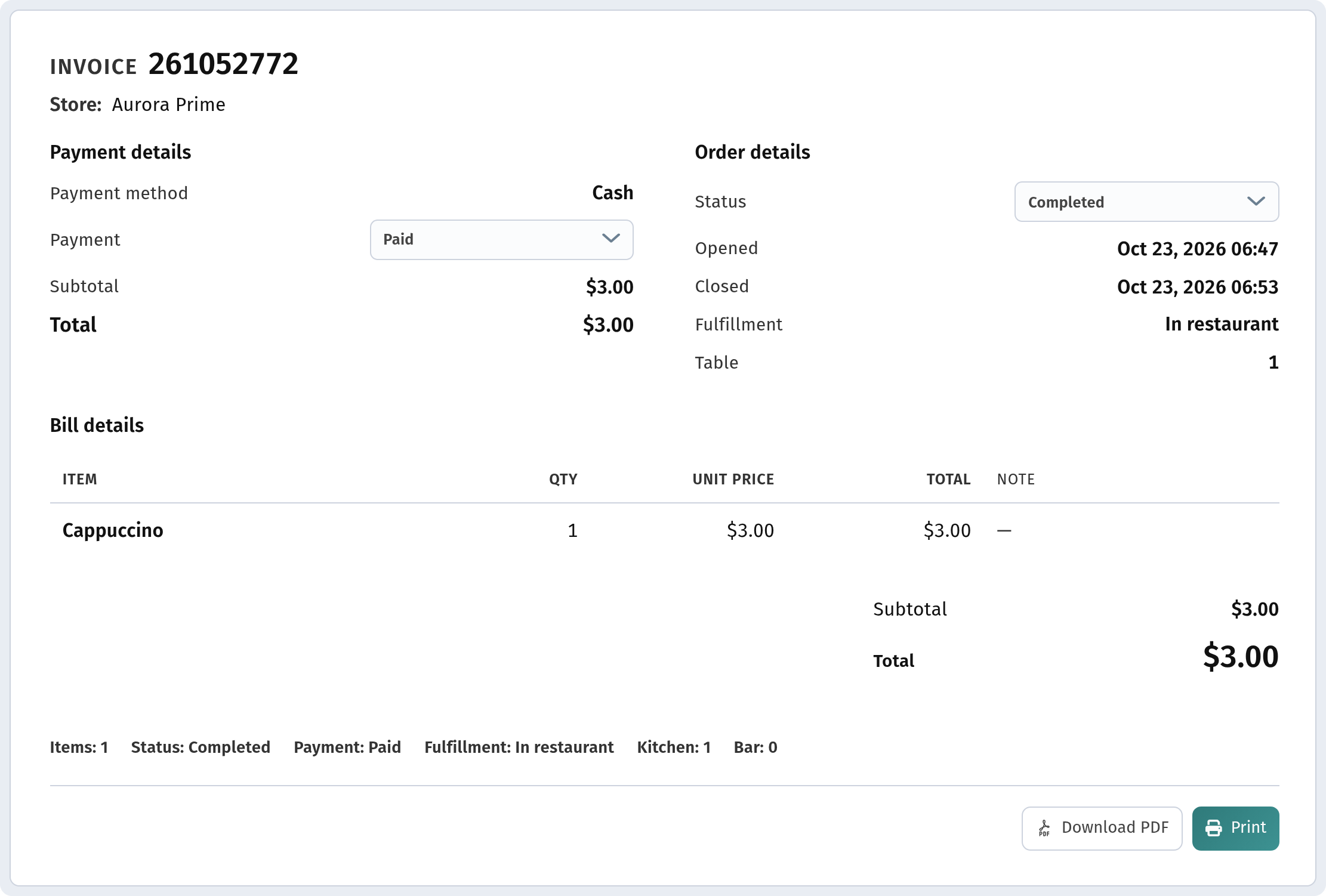Invoice page — Payment details, Order details and Bill details
